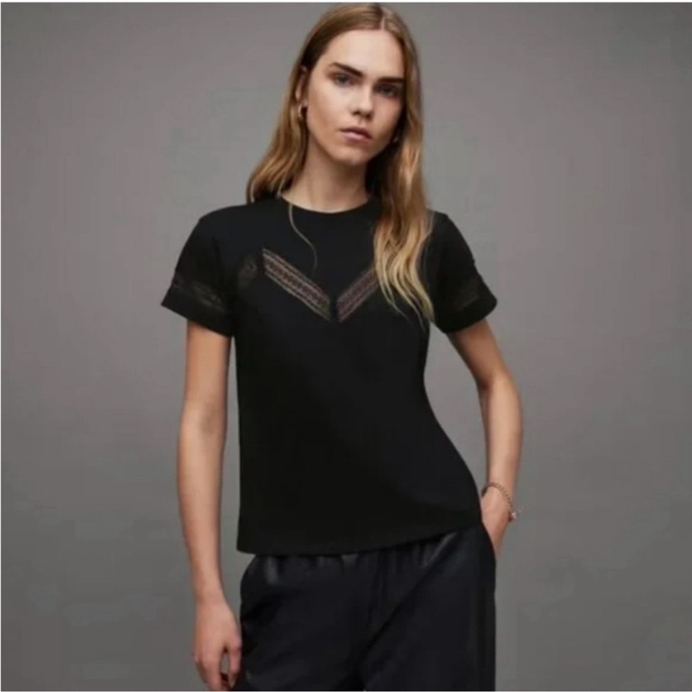 All Saints Lina Black Lace Accent Short Sleeve Top